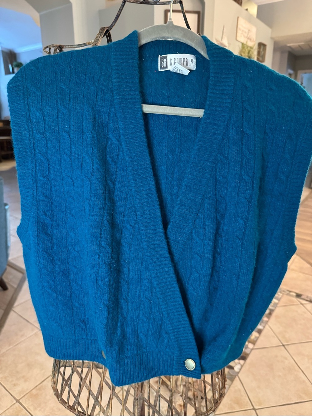 Vintage SK & Company Teal Cable Knit Sweater Vest Lambswool Angora Women’s L